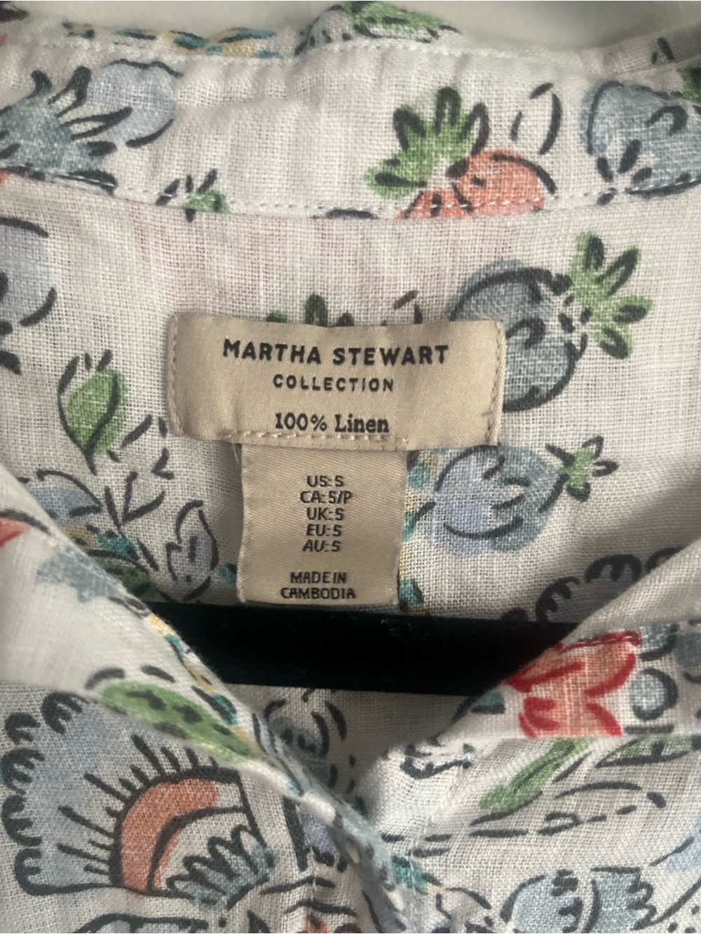 Martha Stewart White Linen Blouse with Coral, Blue and Green Floral Print Smal - Picture 2 of 3